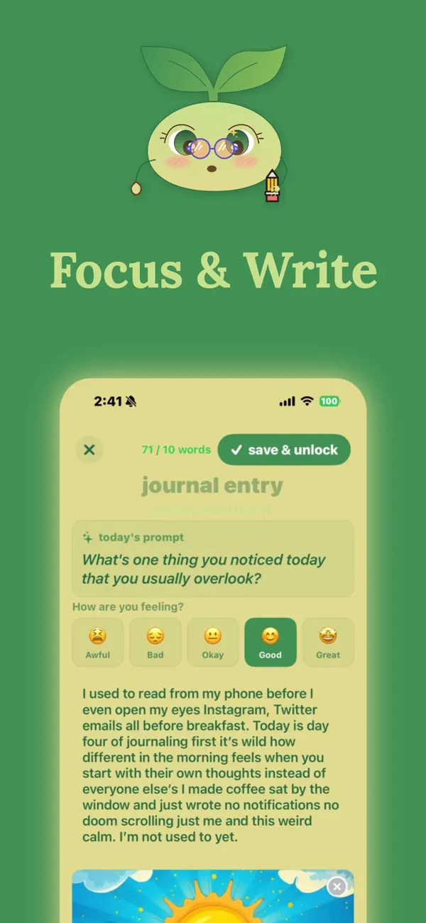 Writing a journal entry with a daily prompt and mood check-in to unlock apps