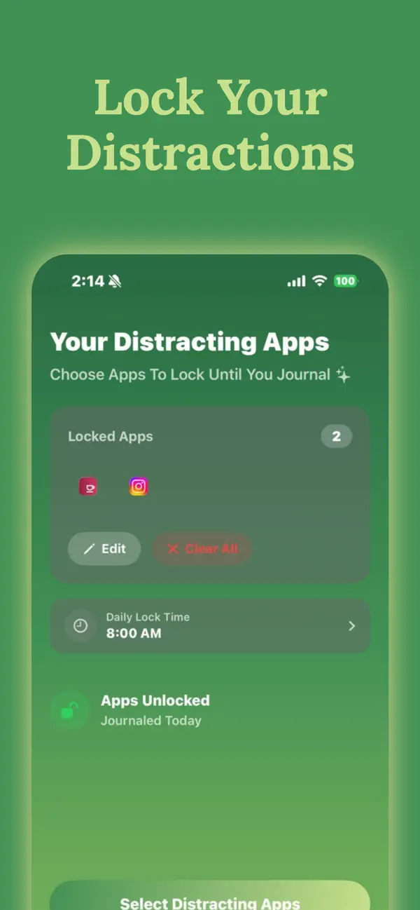 Journal Lock app blocker screen — choosing distracting apps to lock until you journal