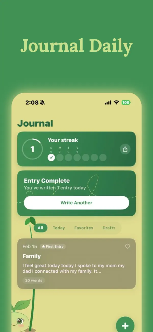 Daily journal home with streak tracking and past entries