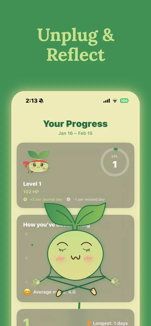 Progress screen with mascot level and mood-over-time chart