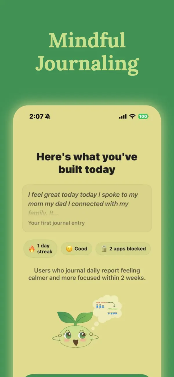 Daily summary showing journal streak, mood, and number of apps blocked