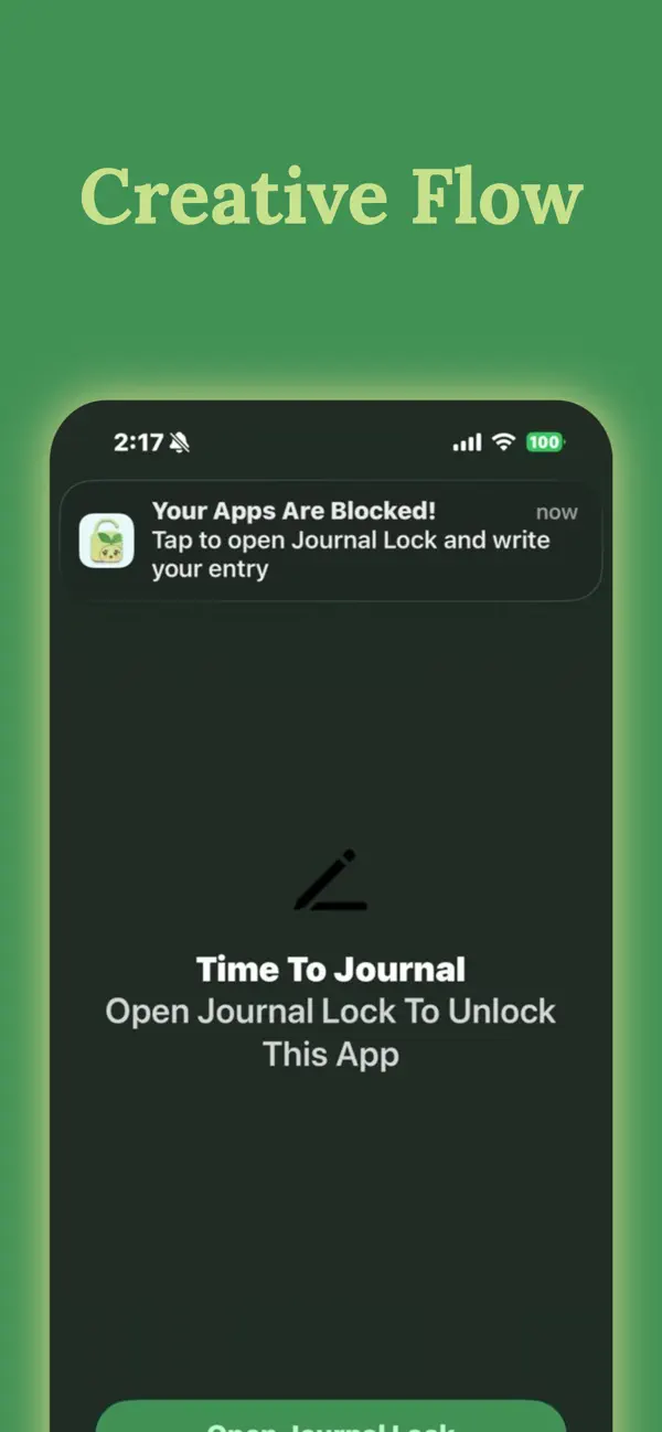 Blocked app shield on iPhone asking you to open Journal Lock and write your entry