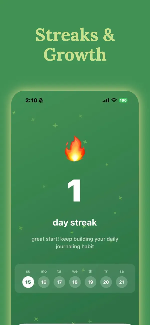 Journaling streak celebration with weekly calendar