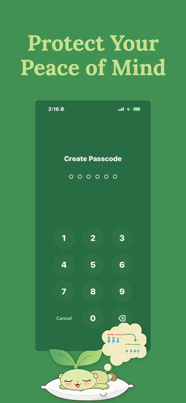 Private journal passcode screen — a locked journal app for your eyes only